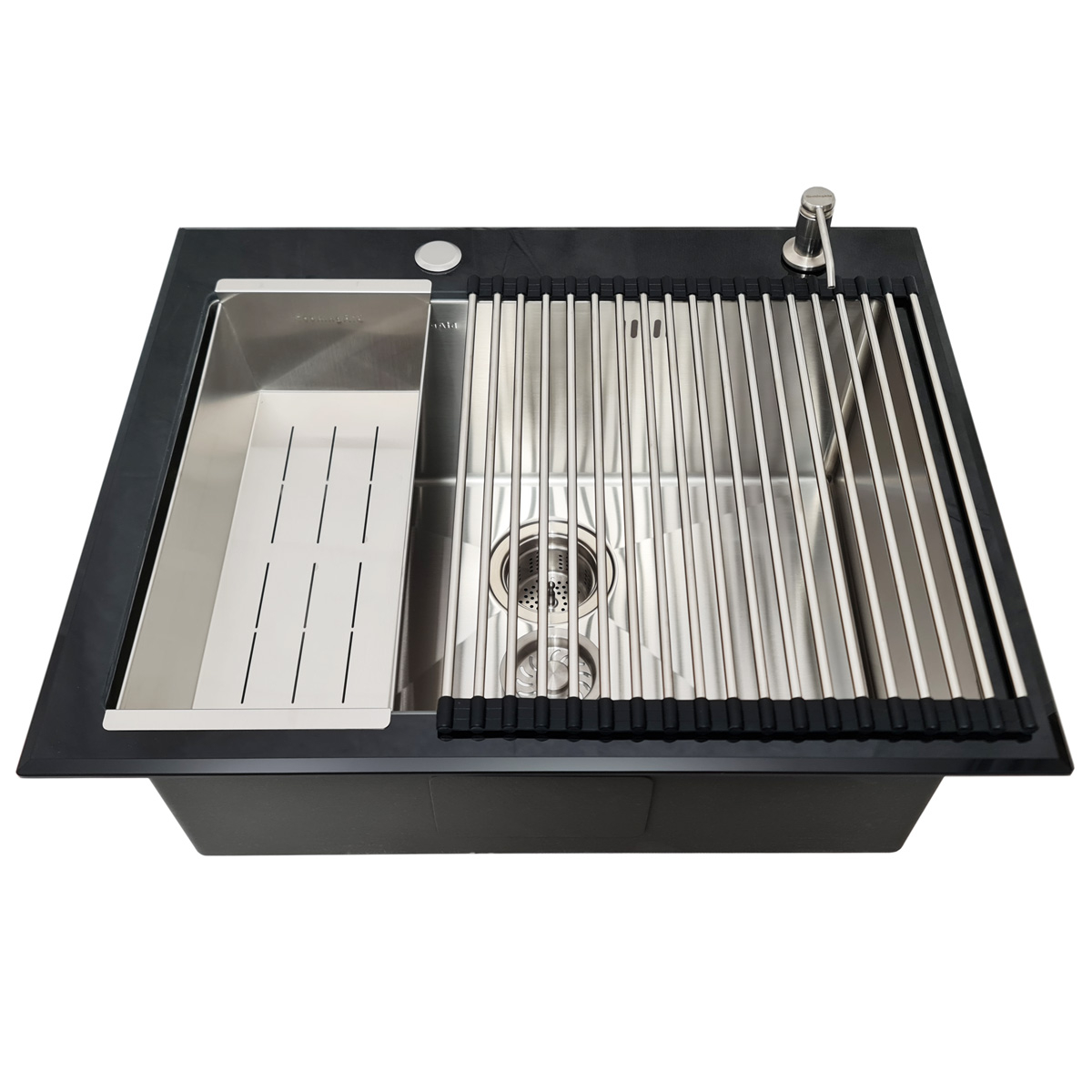 Chiuveta bucatarie inox CookingAid TEMPERED GLASS BLACK cu scurgator vase/paste/fructe, gratar rulabil inox, dozator detergent + accesorii montaj [12]