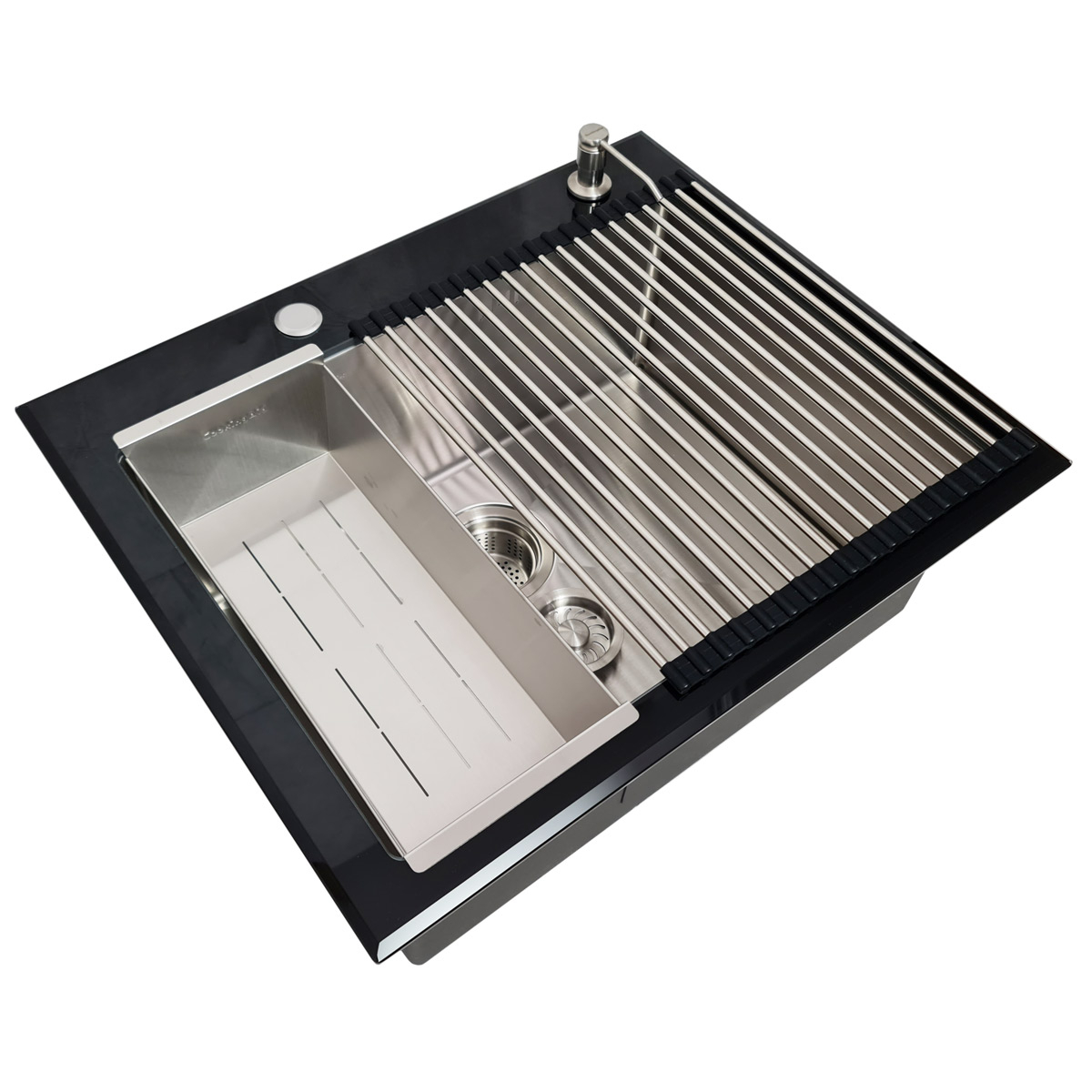 Chiuveta bucatarie inox CookingAid TEMPERED GLASS BLACK cu scurgator vase/paste/fructe, gratar rulabil inox, dozator detergent + accesorii montaj [11]