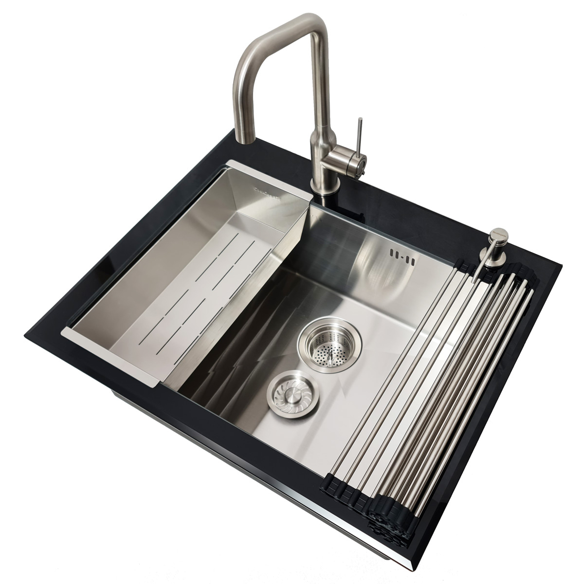 Chiuveta bucatarie inox CookingAid TEMPERED GLASS BLACK cu scurgator vase/paste/fructe, gratar rulabil inox, dozator detergent + accesorii montaj [19]