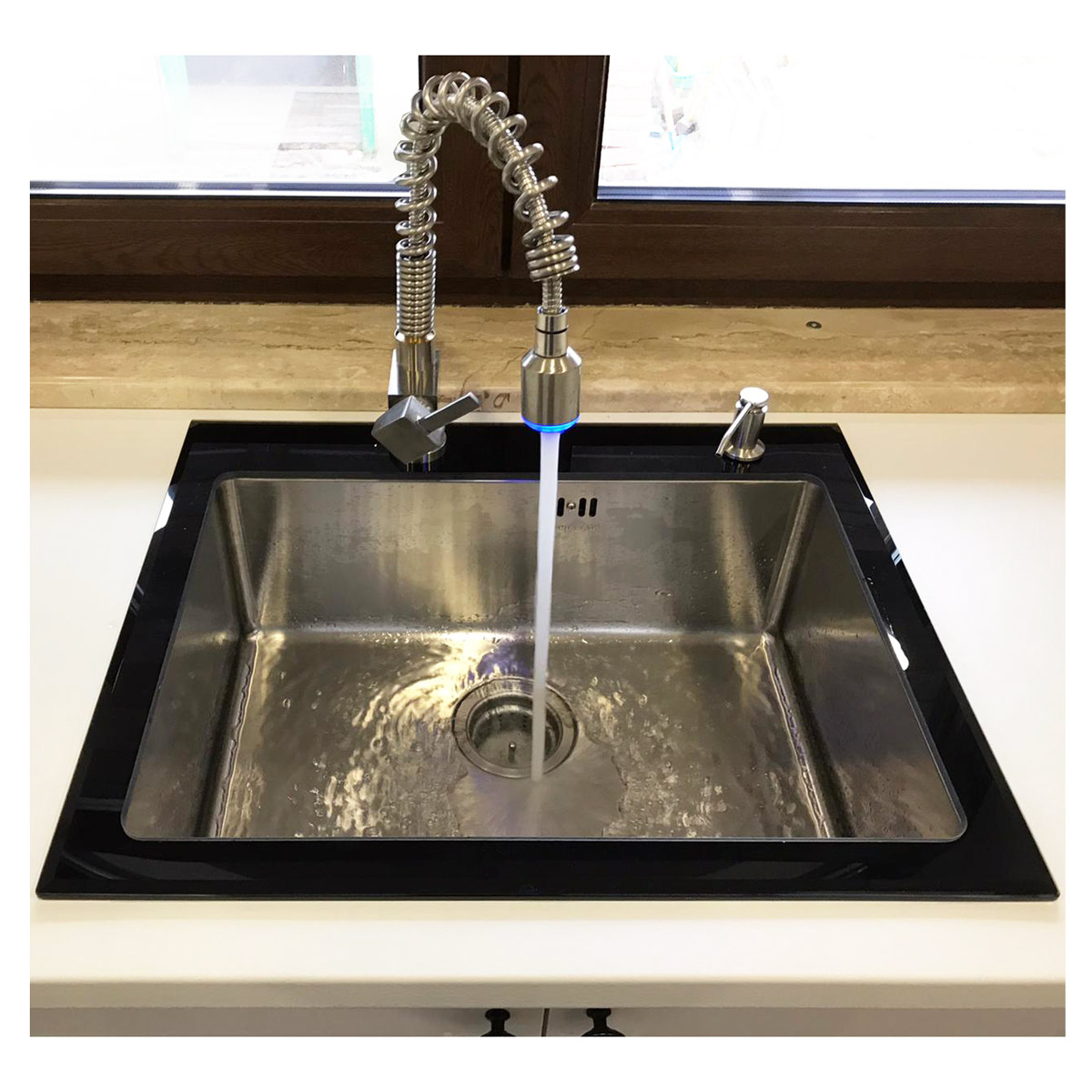 Chiuveta bucatarie inox CookingAid TEMPERED GLASS BLACK cu scurgator vase/paste/fructe, gratar rulabil inox, dozator detergent + accesorii montaj [2]