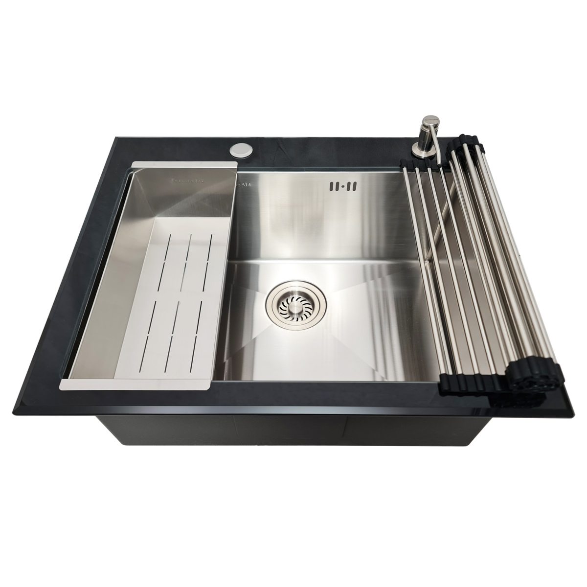 Chiuveta bucatarie inox CookingAid TEMPERED GLASS BLACK cu scurgator vase/paste/fructe, gratar rulabil inox, dozator detergent + accesorii montaj [9]