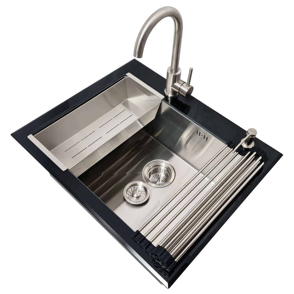 Chiuveta bucatarie inox CookingAid TEMPERED GLASS BLACK cu scurgator vase/paste/fructe, gratar rulabil inox, dozator detergent + accesorii montaj [22]