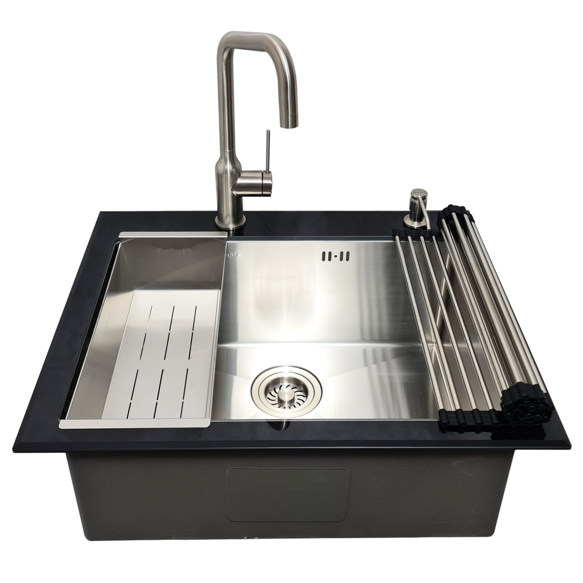 Chiuveta bucatarie inox CookingAid TEMPERED GLASS BLACK cu scurgator vase/paste/fructe, gratar rulabil inox, dozator detergent + accesorii montaj [17]