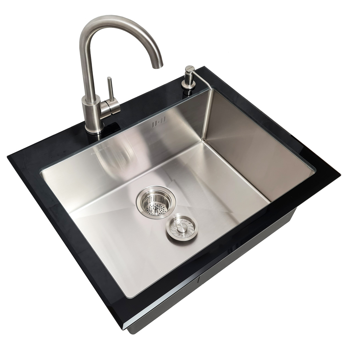 Chiuveta bucatarie inox CookingAid TEMPERED GLASS BLACK cu scurgator vase/paste/fructe, gratar rulabil inox, dozator detergent + accesorii montaj [20]