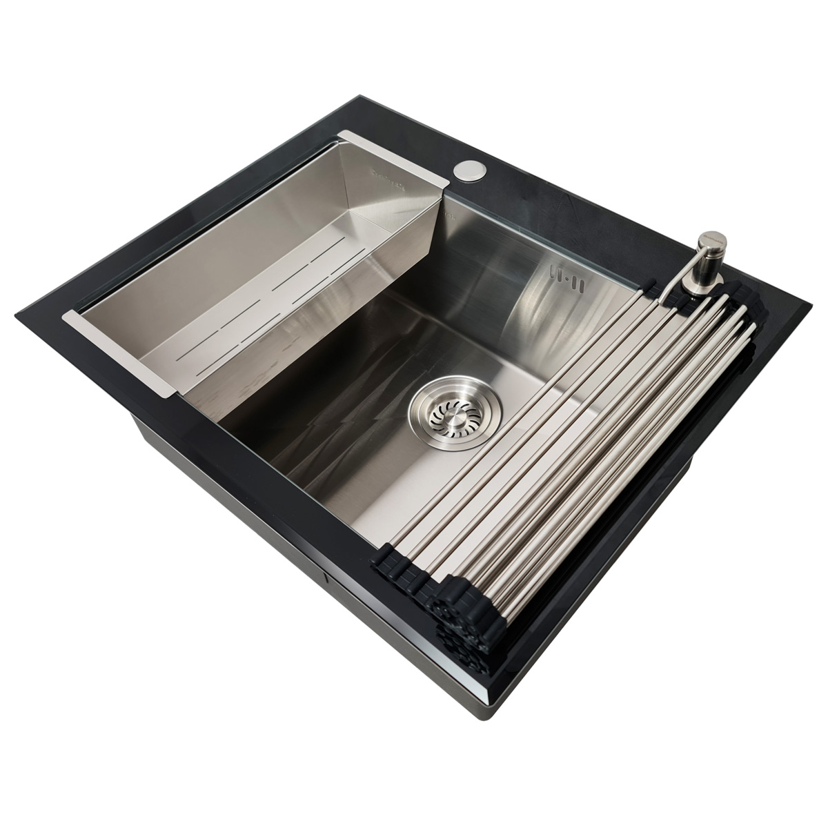 Chiuveta bucatarie inox CookingAid TEMPERED GLASS BLACK cu scurgator vase/paste/fructe, gratar rulabil inox, dozator detergent + accesorii montaj [8]