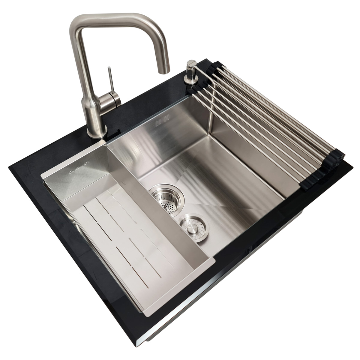 Chiuveta bucatarie inox CookingAid TEMPERED GLASS BLACK cu scurgator vase/paste/fructe, gratar rulabil inox, dozator detergent + accesorii montaj [18]