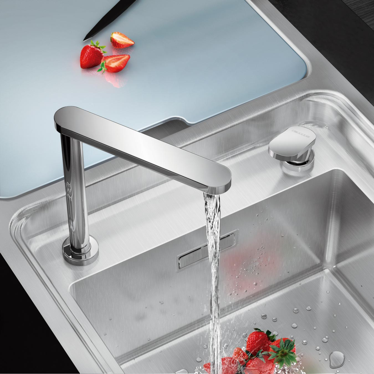 Chiuveta bucatarie inox CookingAid VISION 100 INVISIBLE montaj sub geam cu baterie telescopica integrata, tocator sticla temperizata + accesorii montaj [5]