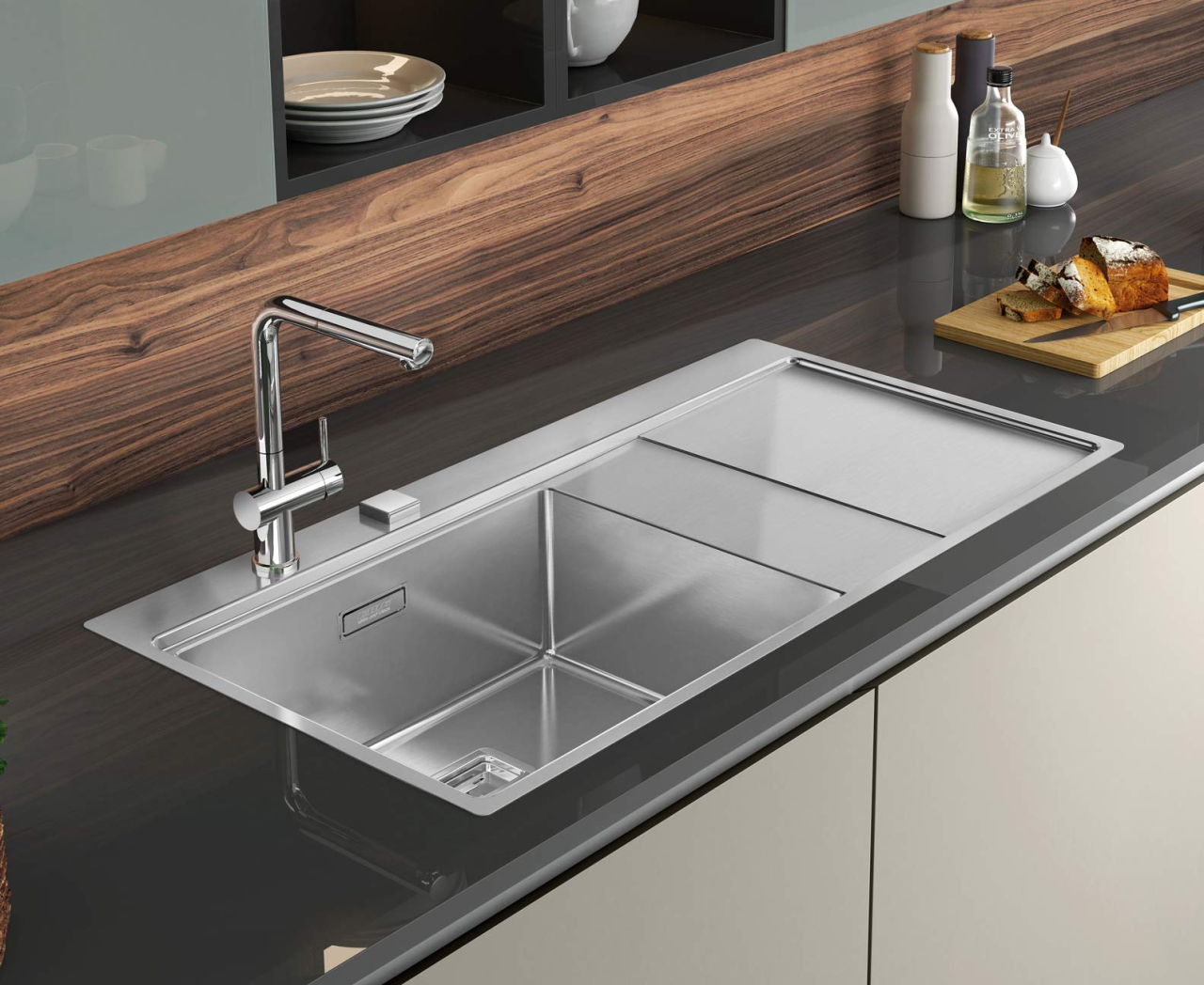 Chiuveta bucatarie inox CookingAid XERON 105 LEFT cu ventil scurgere dreptunghiular automat si accesorii montaj [2]