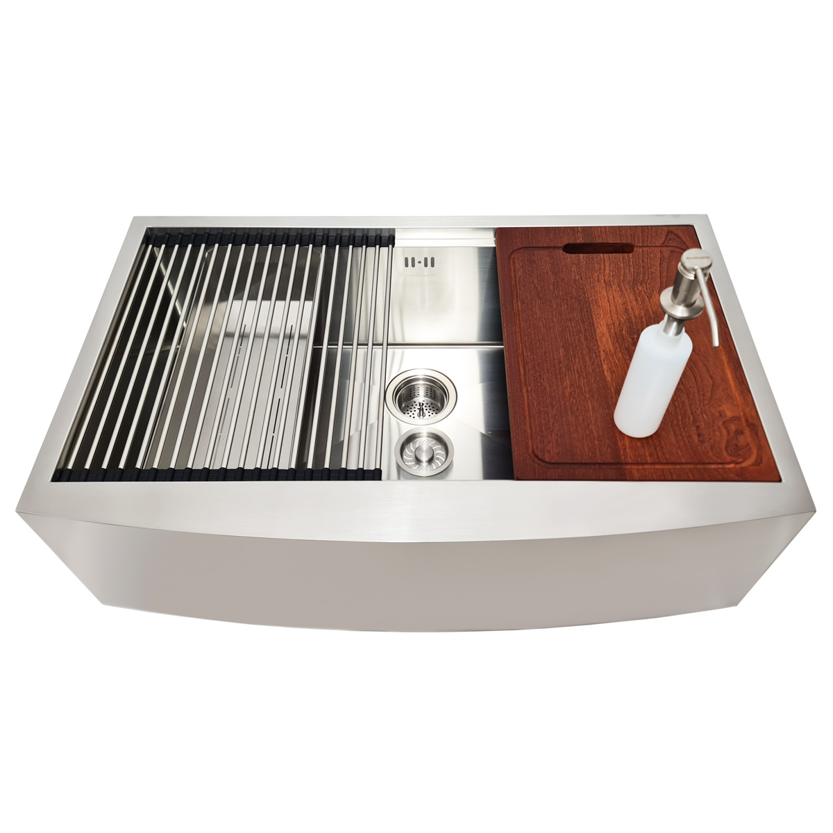 Chiuveta bucatarie inox cu front vizibil CookingAid FARMHOUSE Apron Large Workstation cu scurgator vase/paste/fructe, gratar rulabil inox, dozator sapun, tocator Sapele si accesorii montaj [4]