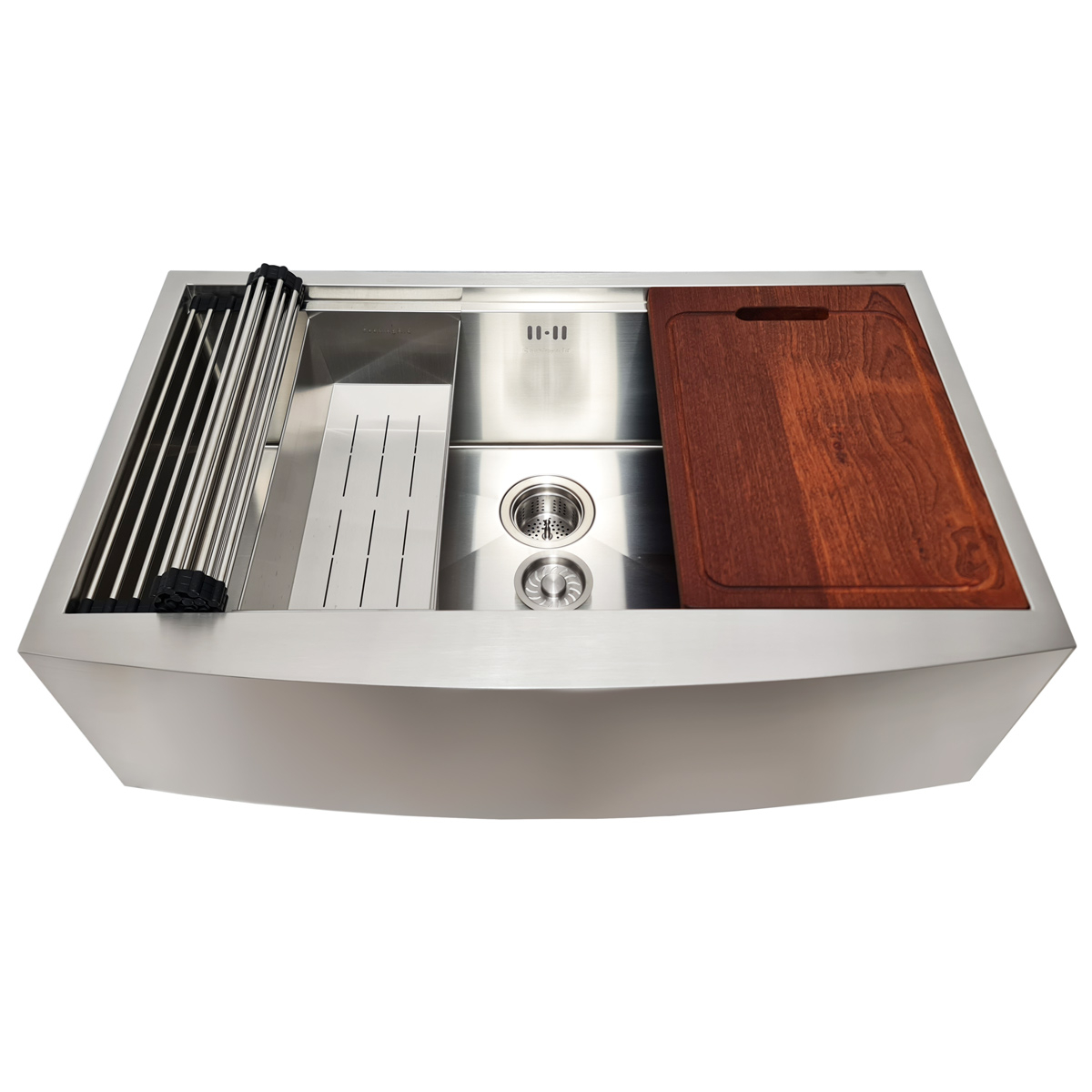 Chiuveta bucatarie inox cu front vizibil CookingAid FARMHOUSE Apron Large Workstation cu scurgator vase/paste/fructe, gratar rulabil inox, dozator sapun, tocator Sapele si accesorii montaj [12]