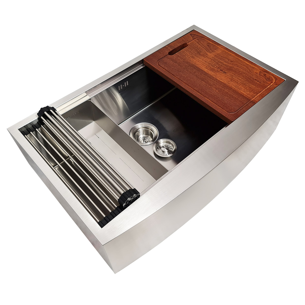 Chiuveta bucatarie inox cu front vizibil CookingAid FARMHOUSE Apron Large Workstation cu scurgator vase/paste/fructe, gratar rulabil inox, dozator sapun, tocator Sapele si accesorii montaj [10]