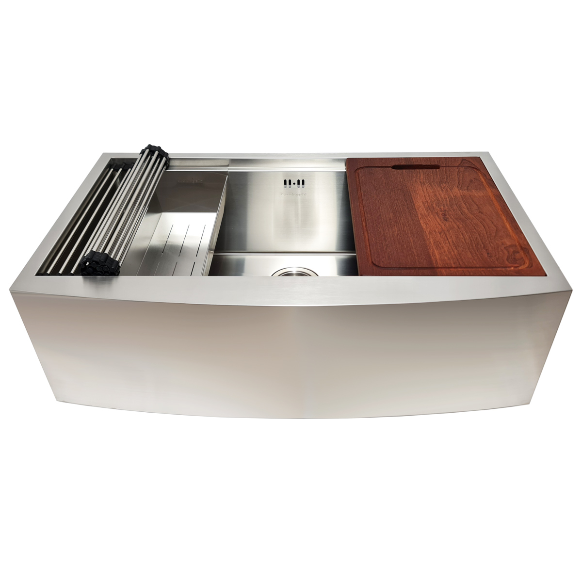 Chiuveta bucatarie inox cu front vizibil CookingAid FARMHOUSE Apron Large Workstation cu scurgator vase/paste/fructe, gratar rulabil inox, dozator sapun, tocator Sapele si accesorii montaj [9]