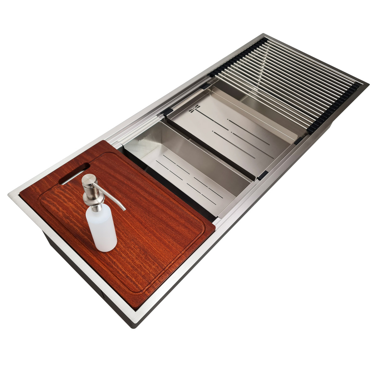 Chiuveta bucatarie inox HORECA CookingAid Infinity Undermount Workstation, montaj pe/sub blat, cu dozator detergent, tavita vase/paste/fructe, scurgator plat inox, gratar rulabil inox, tocator lemn Sa [17]