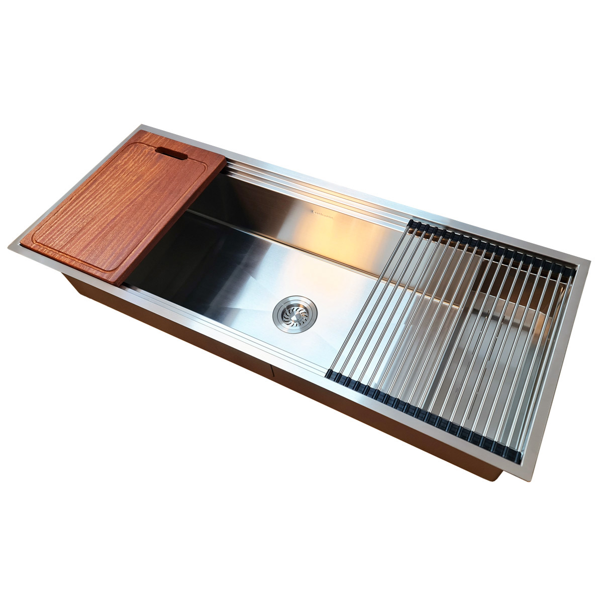 Chiuveta bucatarie inox HORECA CookingAid Infinity Undermount Workstation, montaj pe/sub blat, cu dozator detergent, tavita vase/paste/fructe, scurgator plat inox, gratar rulabil inox, tocator lemn Sa [13]