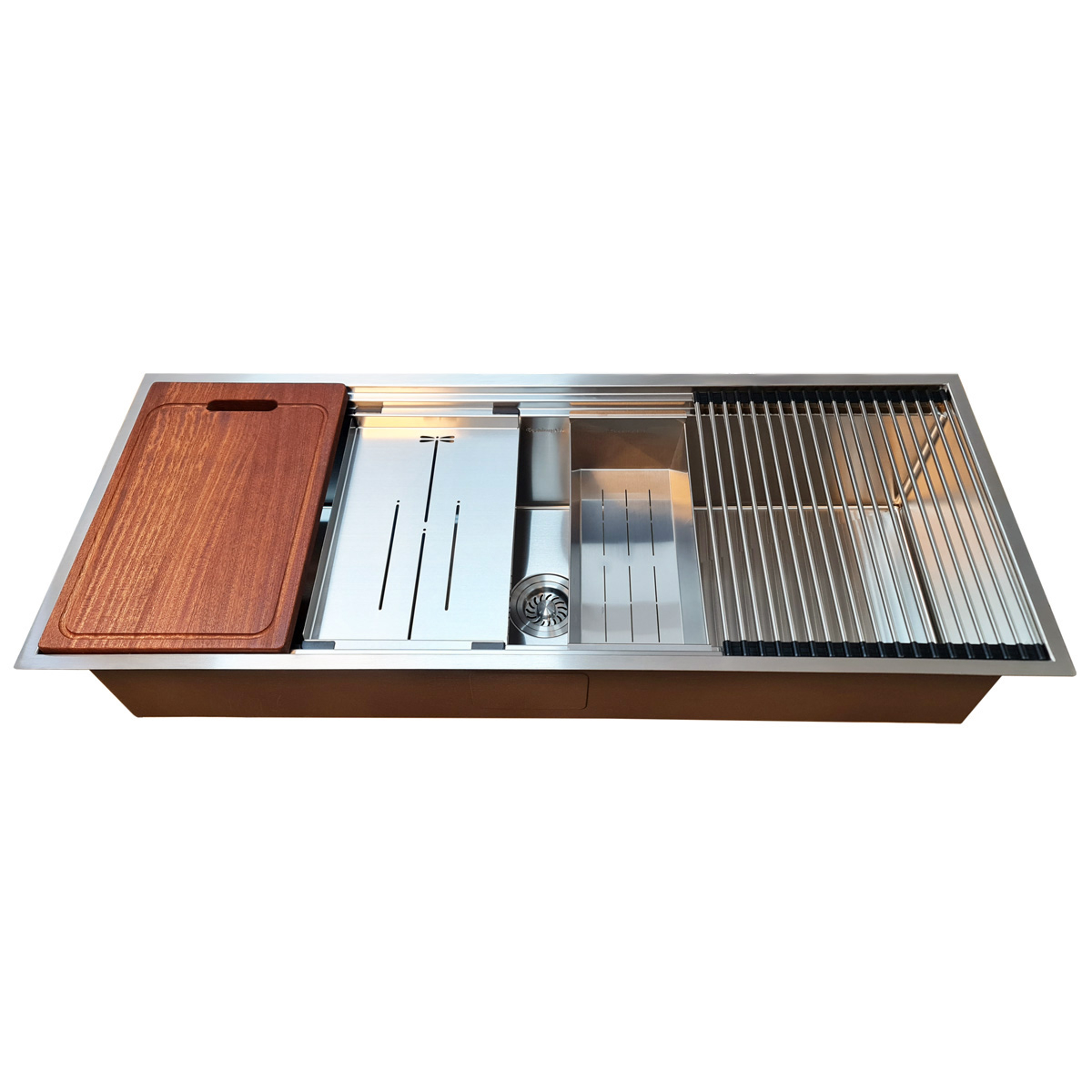 Chiuveta bucatarie inox HORECA CookingAid Infinity Undermount Workstation, montaj pe/sub blat, cu dozator detergent, tavita vase/paste/fructe, scurgator plat inox, gratar rulabil inox, tocator lemn Sa [11]