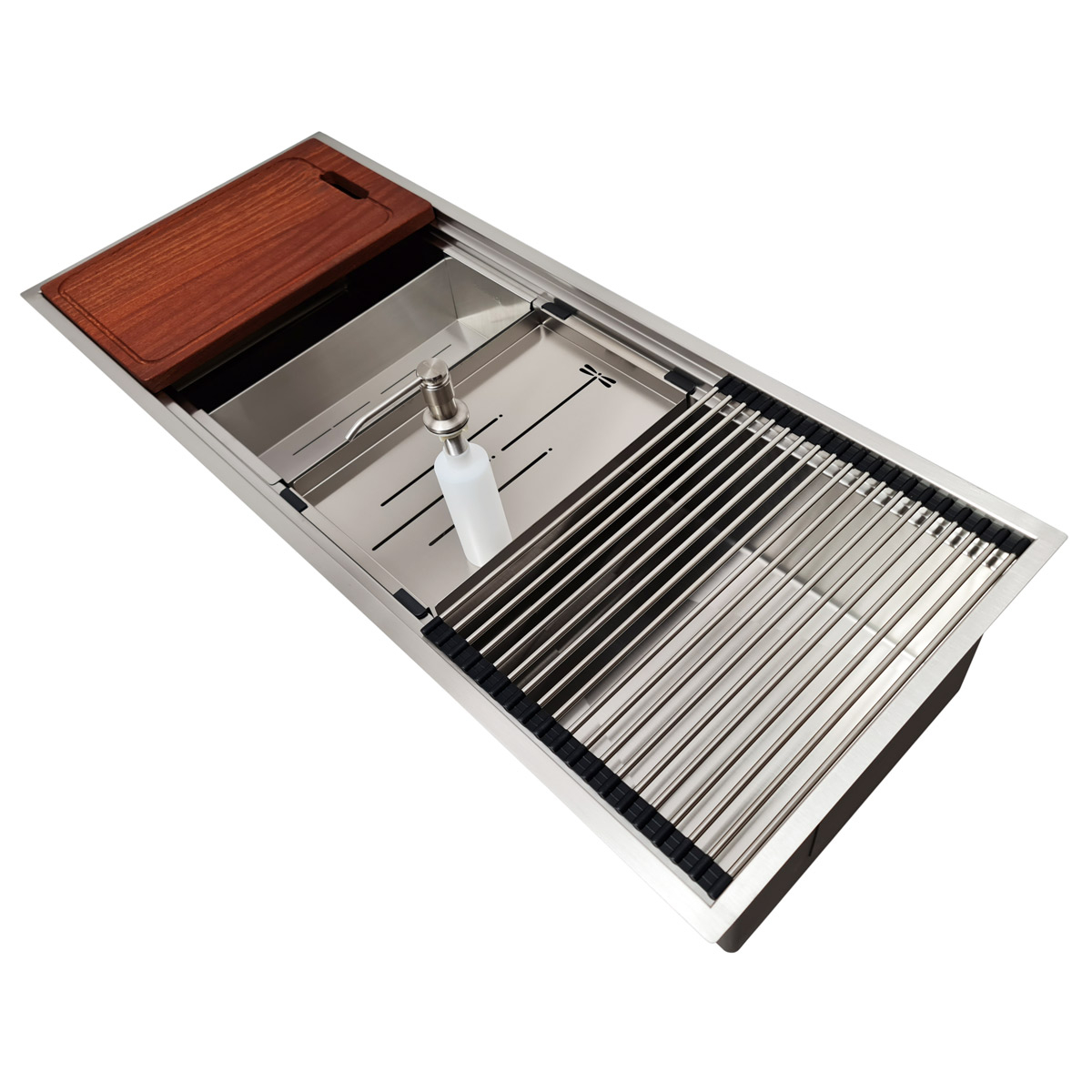 Chiuveta bucatarie inox HORECA CookingAid Infinity Undermount Workstation, montaj pe/sub blat, cu dozator detergent, tavita vase/paste/fructe, scurgator plat inox, gratar rulabil inox, tocator lemn Sa [16]