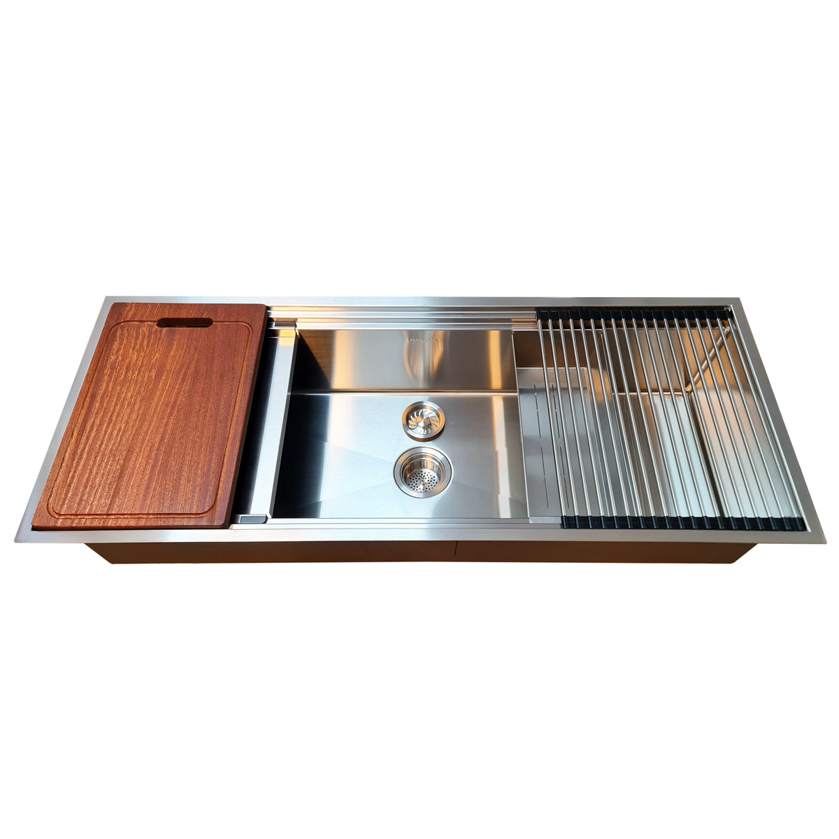 Chiuveta bucatarie inox HORECA CookingAid Infinity Undermount Workstation, montaj pe/sub blat, cu dozator detergent, tavita vase/paste/fructe, scurgator plat inox, gratar rulabil inox, tocator lemn Sa [12]