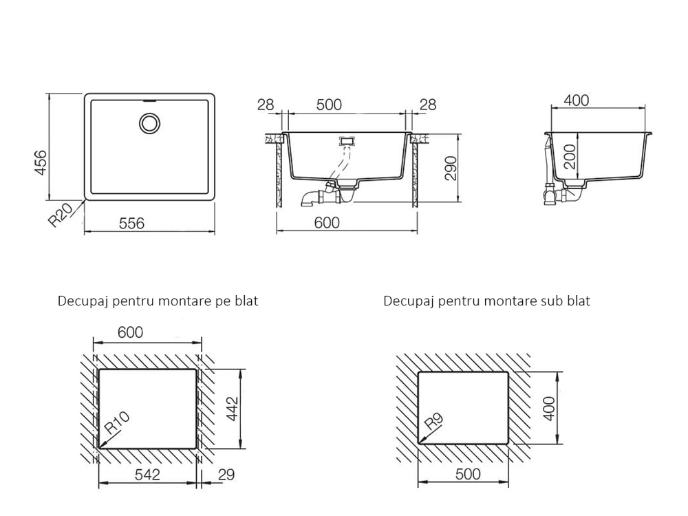 Chiuveta bucatarie Schock Greenwich N-100L Cristadur Polaris 556 x 456 mm, compozit granit, montare pe/sub blat, alb polar [3]