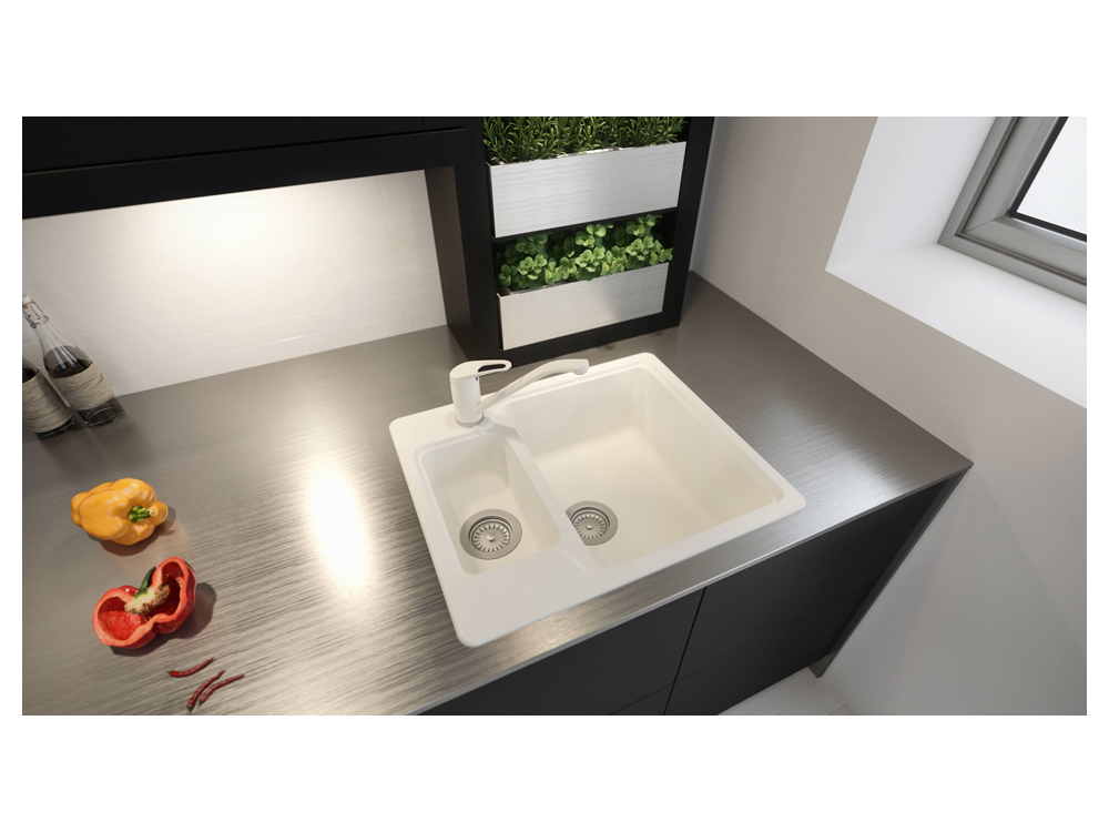 Chiuveta bucatarie Schock Manhattan N-150 Cristalite Alpina 610 x 510 mm, compozit granit, reversibila, montare pe blat, alb [3]