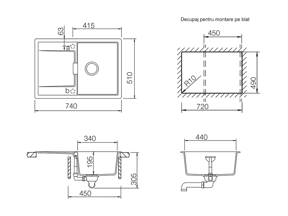 Chiuveta bucatarie Schock Mono D-100S Cristadur Puro 740 x 510 mm, compozit granit, reversibila, montare pe blat, negru intens [2]