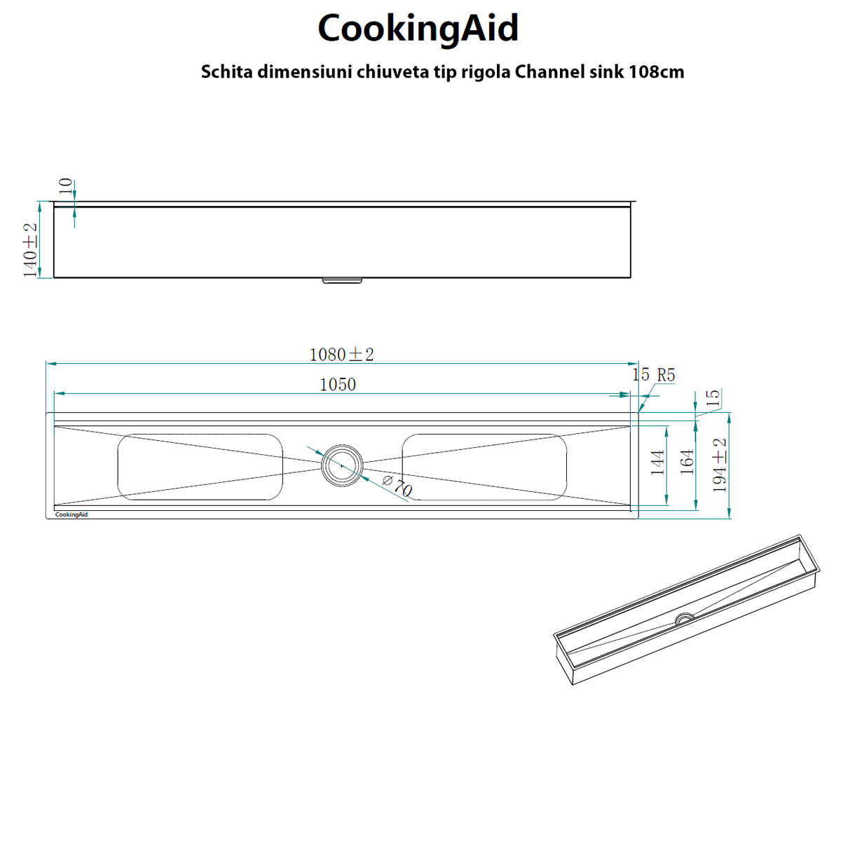 Chiuveta ingusta scurgere multifunctionala tip rigola / canal / jgheab drenare CookingAid Channel sink 108cm cu 4 accesorii incluse [20]