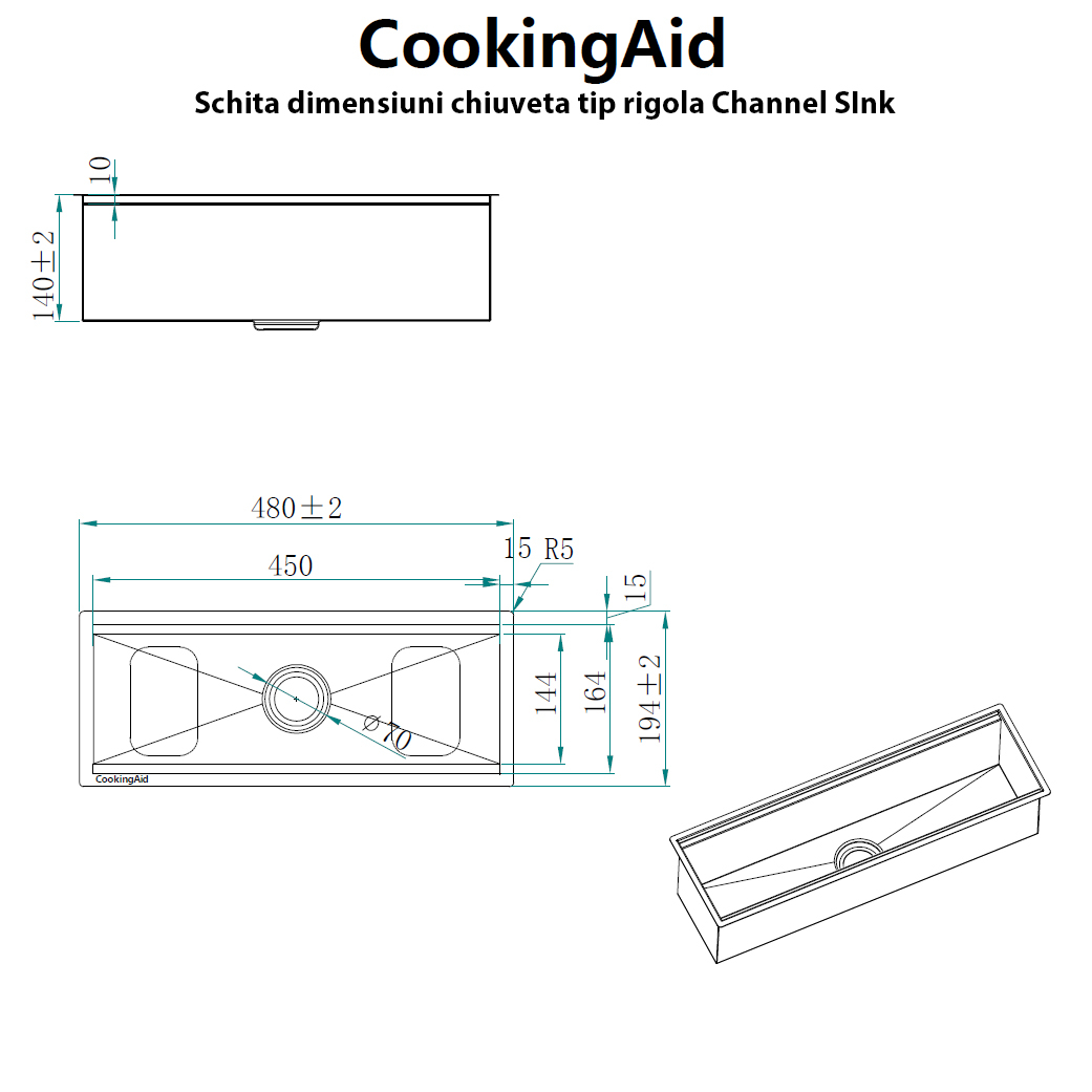 Chiuveta ingusta scurgere multifunctionala tip rigola / canal / jgheab drenare CookingAid Channel sink 48cm cu 2 accesorii incluse [20]
