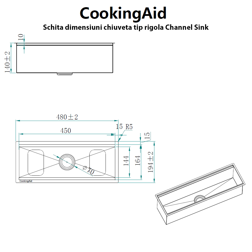 Chiuveta ingusta scurgere multifunctionala tip rigola / canal / jgheab drenare CookingAid Channel sink 63cm cu 3 accesorii incluse [14]