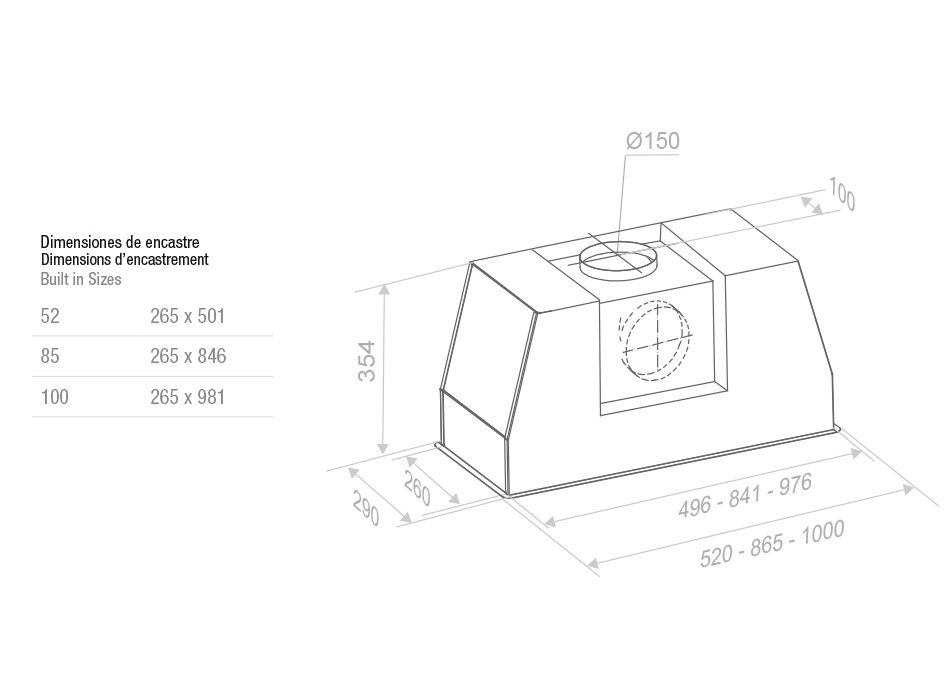 Hota incorporabila Pando PRO, putere motor V.850 mc/h, 52 cm, inox, A+, filtre profesionale din inox [2]