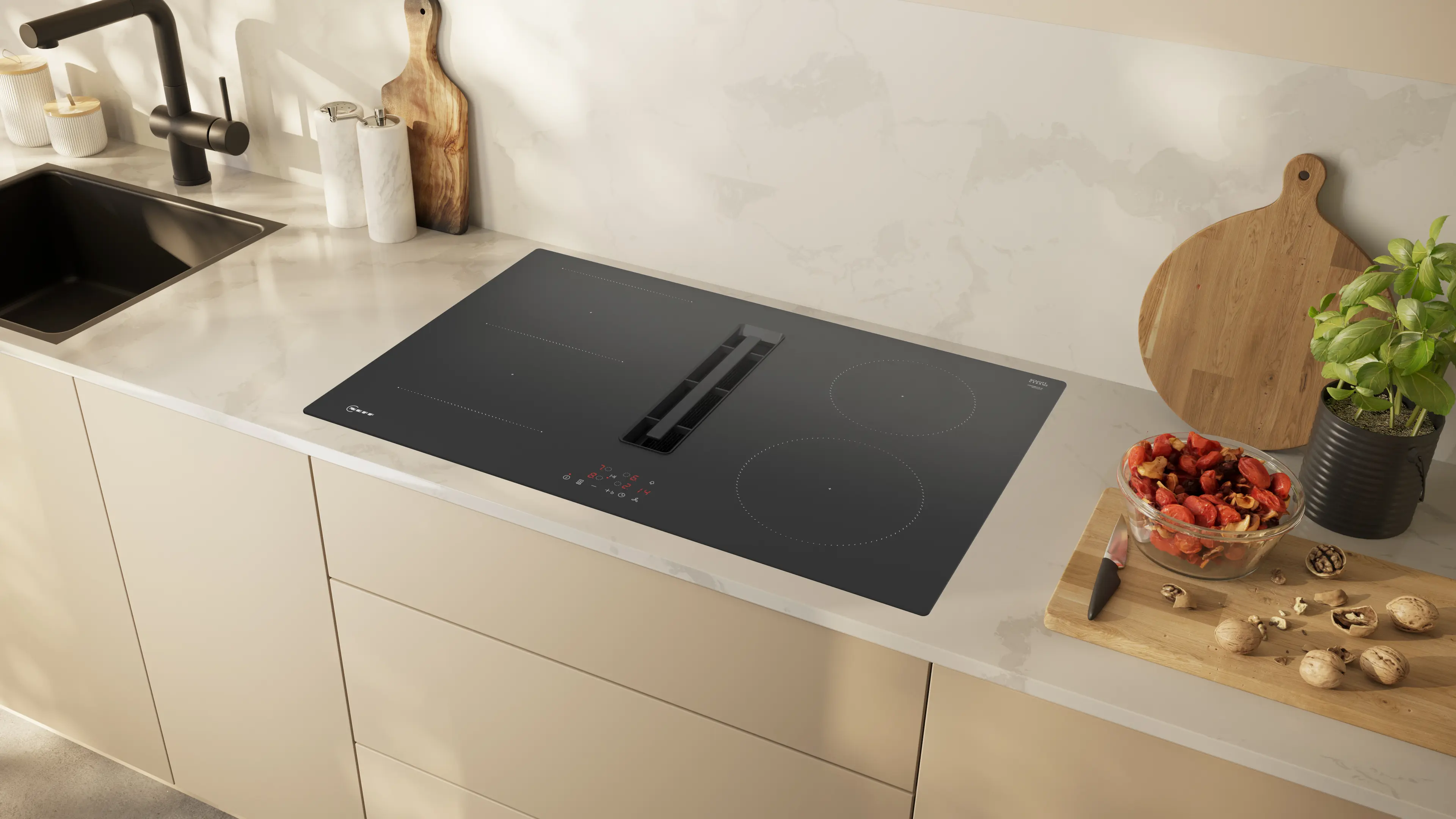 Plită cu inducție cu hotă integrată NEFF N50 V58NBS1L0, 80 cm, 4 zone Combi Induction, Touch Control, 500 m³/h, sticlă ceramică neagră [3]
