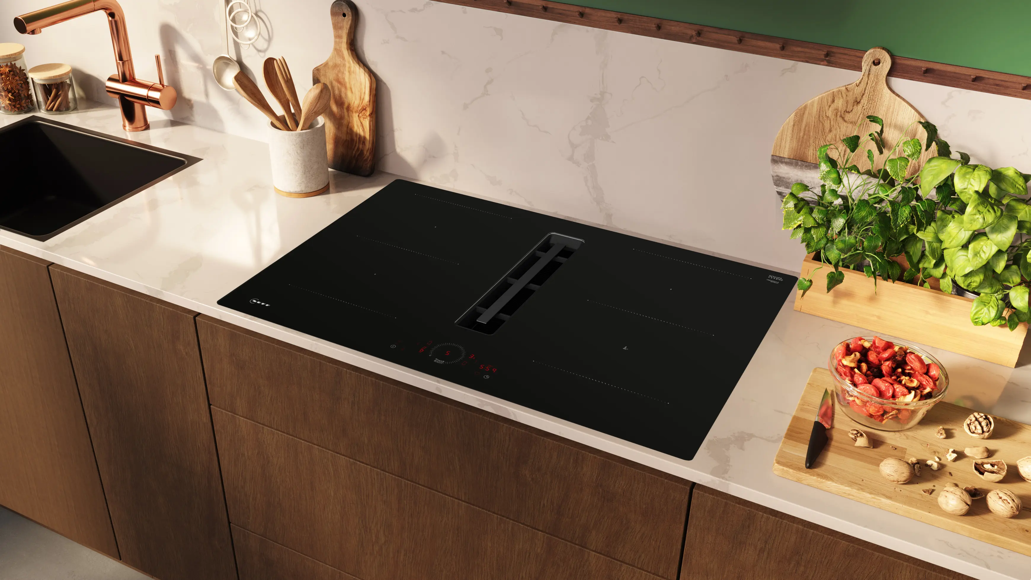 Plită cu inducție cu hotă integrată NEFF N70 V58NHQ4L0, 80 cm, 4 zone Combi Induction, Twist Touch®, 500 m³/h, sticlă ceramică neagră [3]