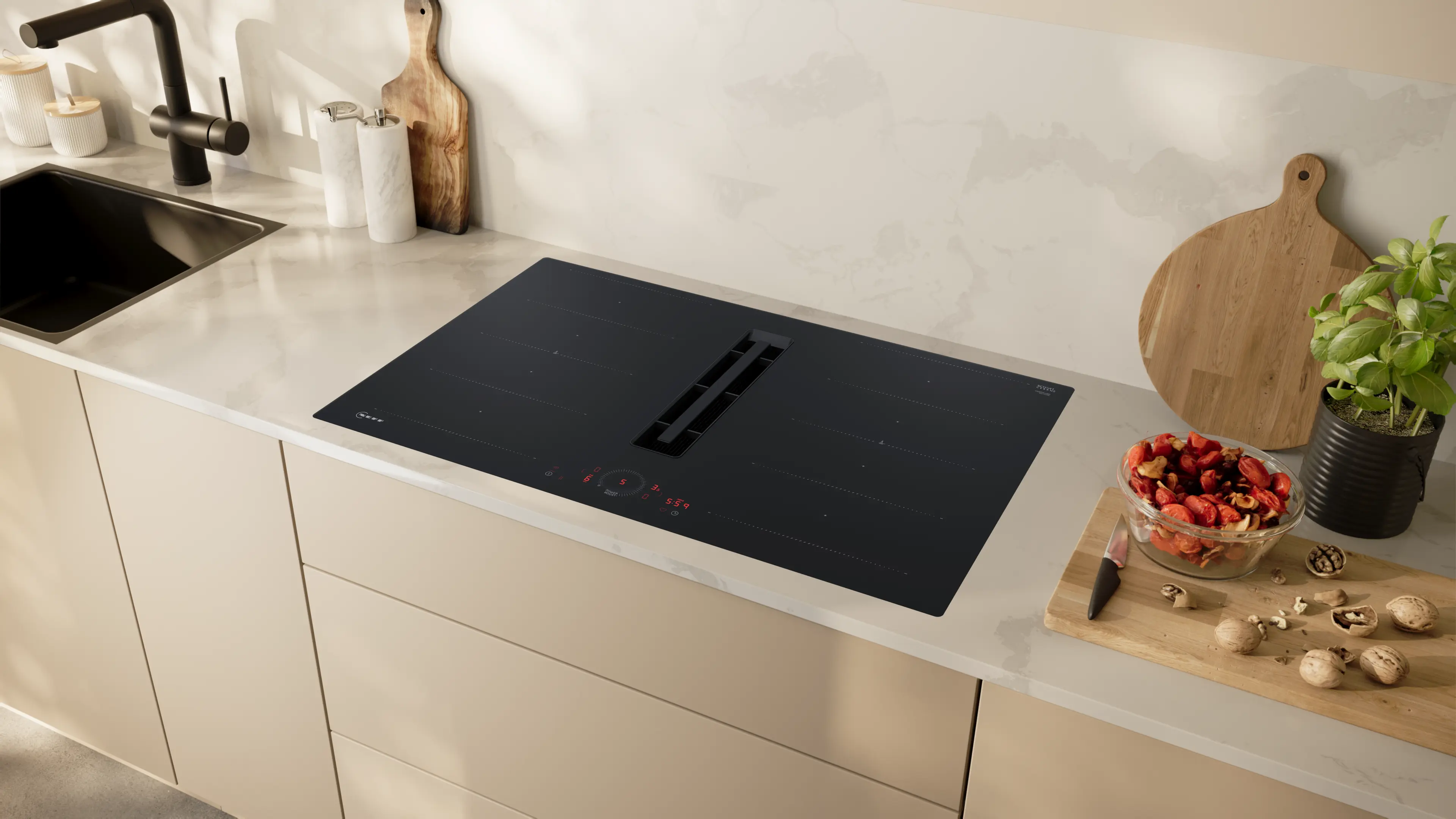 Plită cu inducție cu hotă integrată NEFF N70 V68PHL4B0, 80 cm, FlexInduction, Twist Touch®, Home Connect, 500 m³/h, Negru mat [4]