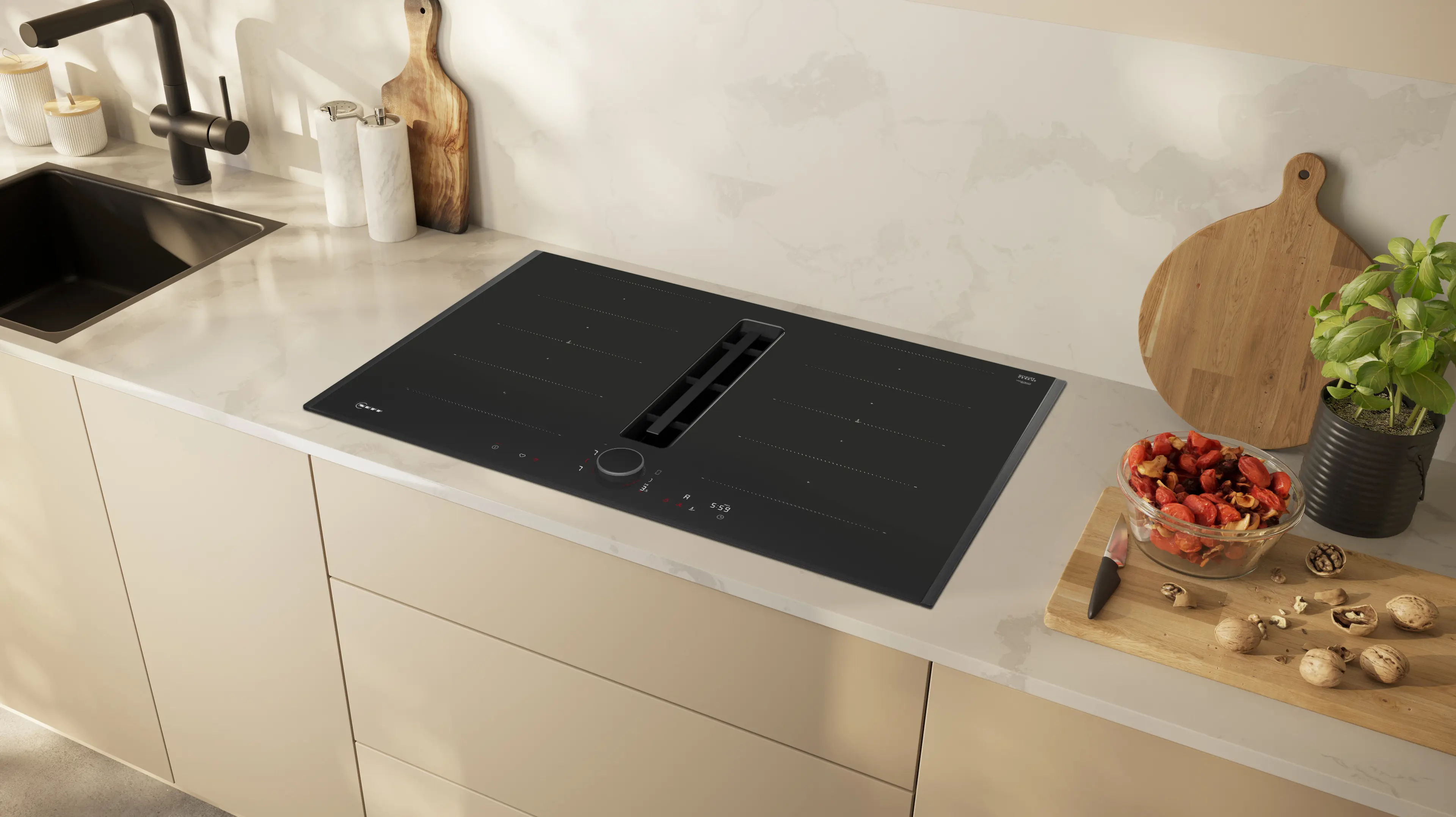 Plită cu inducție cu hotă integrată NEFF N90 V68AUX4C0, 80 cm, FlexInduction, Twist Pad®, 622 m³/h, Home Connect, Negru [4]