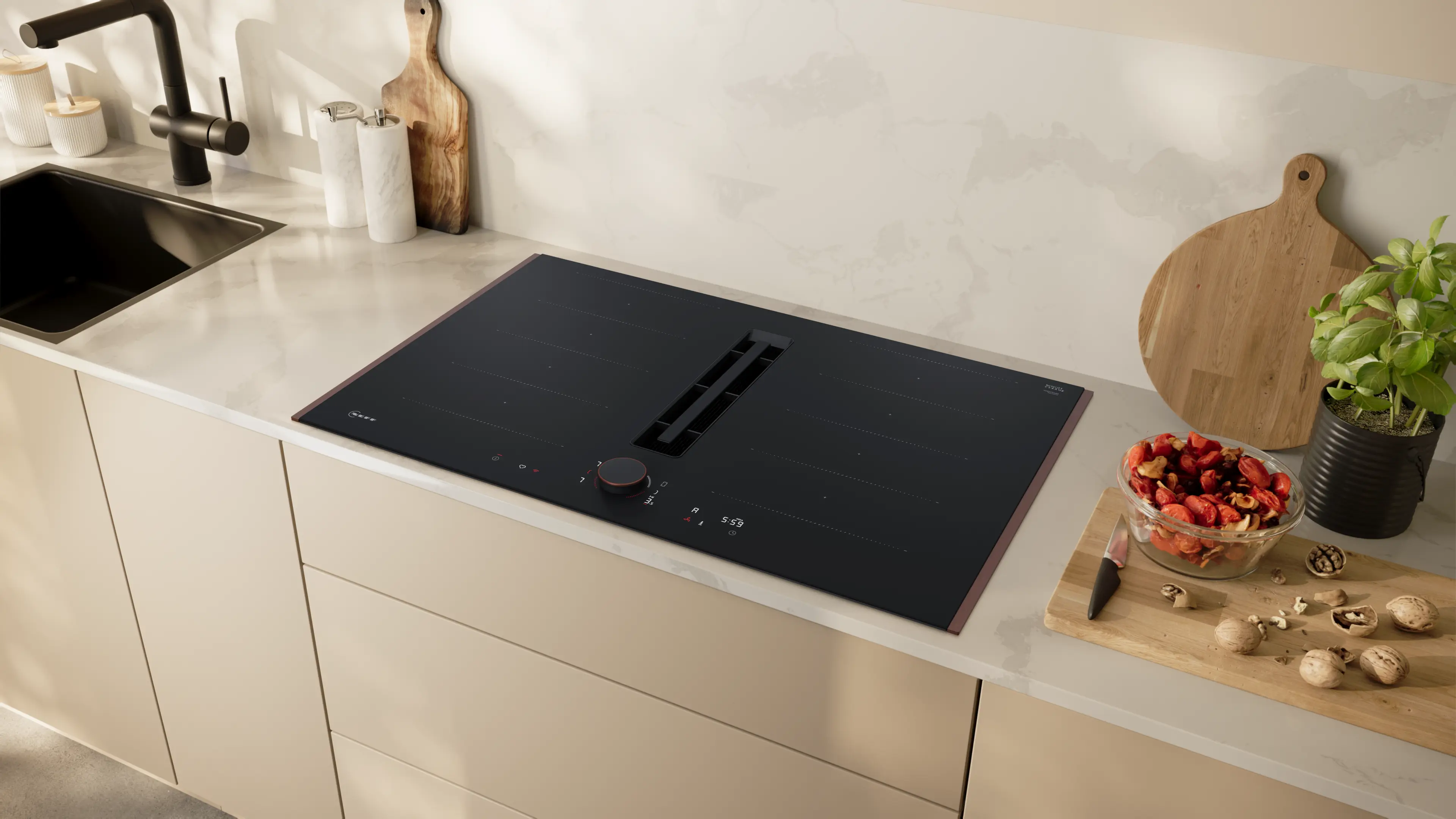 Plită cu inducție cu hotă integrată Neff V68YYX4B0, 80 cm, 4 zone gătit, 622 m³/h, Flex Induction, TwistPad Flex, Home Connect Wi-Fi, Negru mat [2]