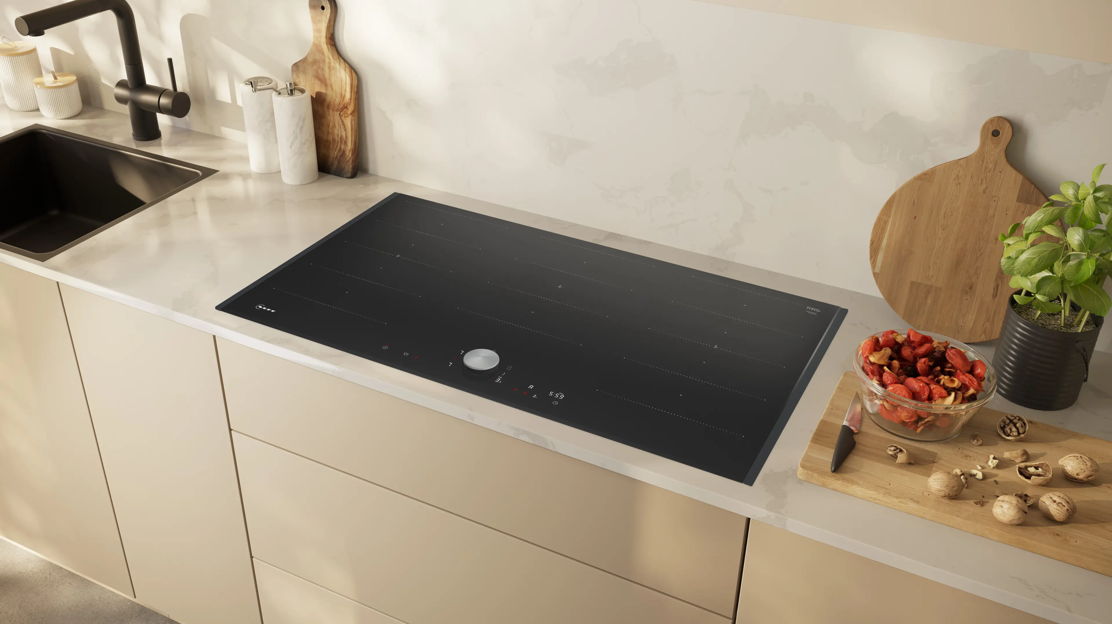 Plită cu inducție NEFF N90 T69TTX4L0, 90 cm, FlexInduction, TwistPad®, Home Connect, 5 zone, Frying Sensor, sticlă ceramică neagră [2]