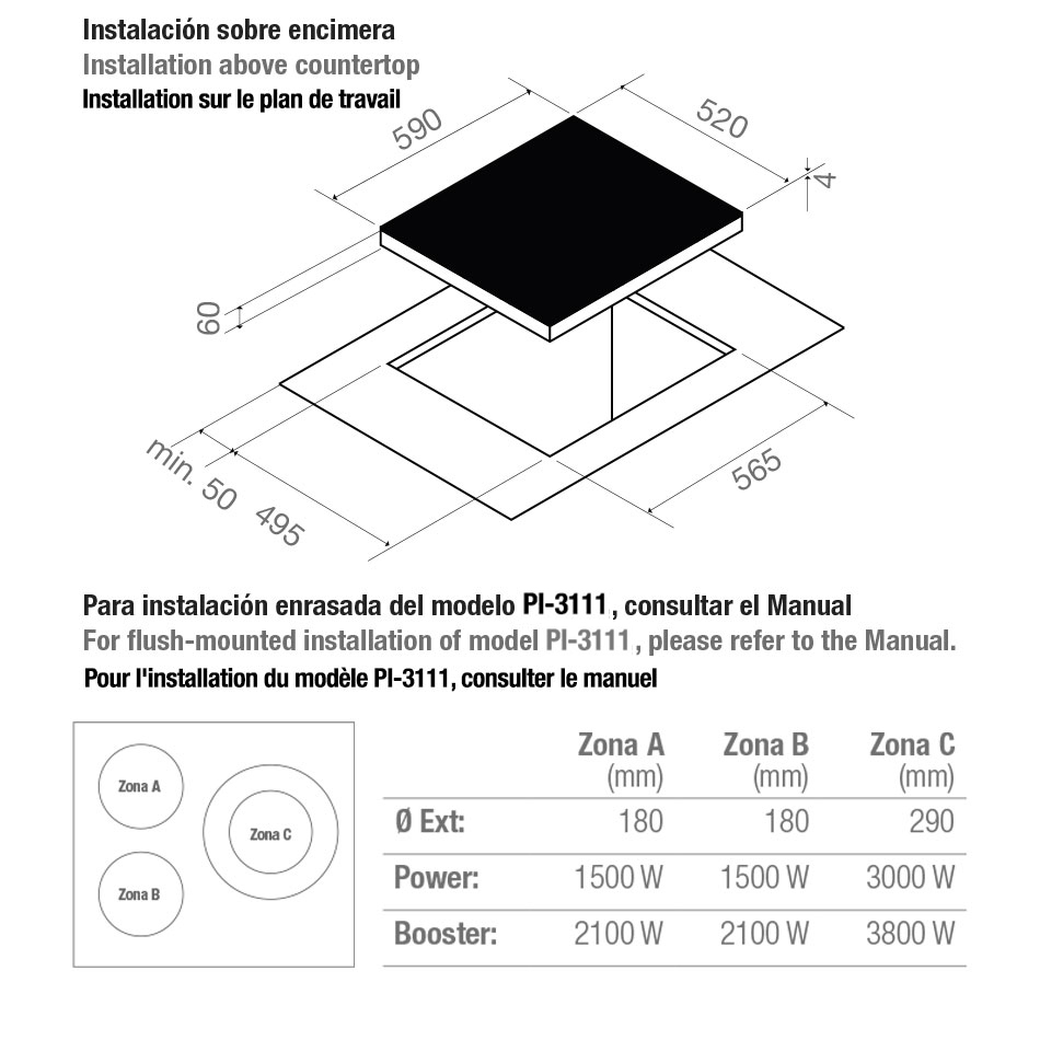 Plită cu inducție Pando PI 3110, 60 cm, 3 zone, sticlă cu muchie teșită [2]