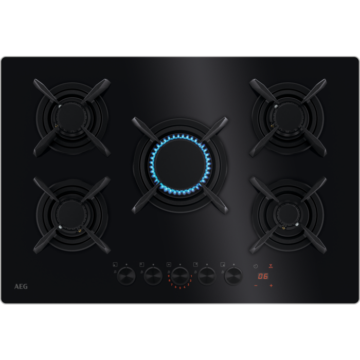 Plita incorporabila AEG HKB75453NB, 5 arzatoare, Aprindere electrica, Gratare fonta, Timer electronic, 75 cm [1]