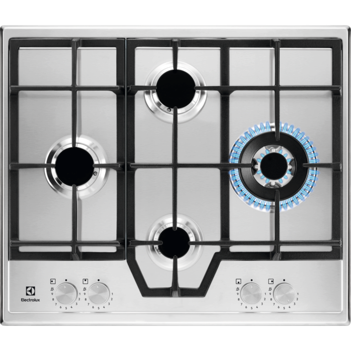Plita incorporabila Electrolux KGS64562SX, Gaz, 4 arzatoare, Arzator Wok. Aprindere electrica integrata, Dispozitiv siguranta, Gratare fonta, 60 cm, Inox [1]