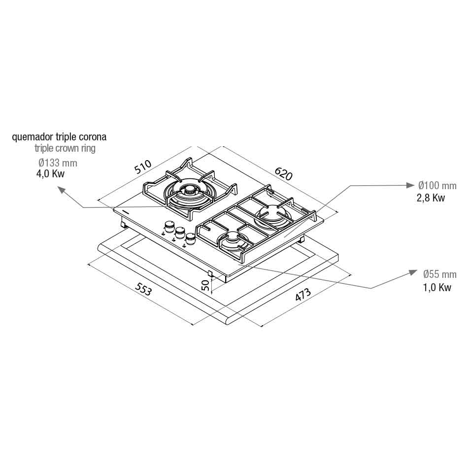Plită pe gaz pando PGA-4261 620 x 510 mm, 3 ochiuri [6]