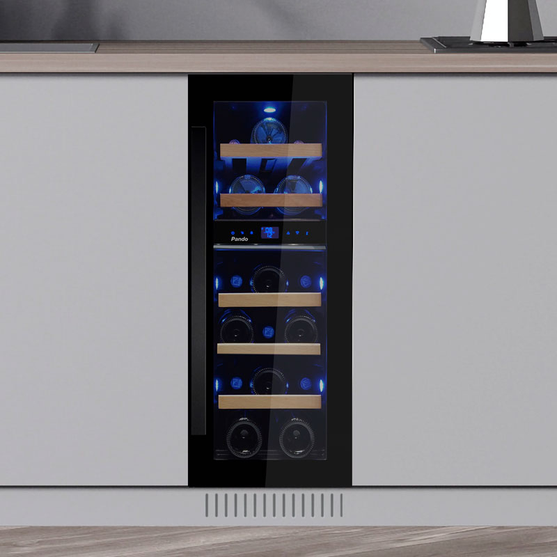 Racitor vinuri Pando PVMB 30-16 CRR, incorporabil, 5 rafturi din lemn, 52 litri, capacitate 16 sticle, clasa A, termostat reglabil, iluminare interioara LED Blue, usa pe dreapta, sticla neagra [1]
