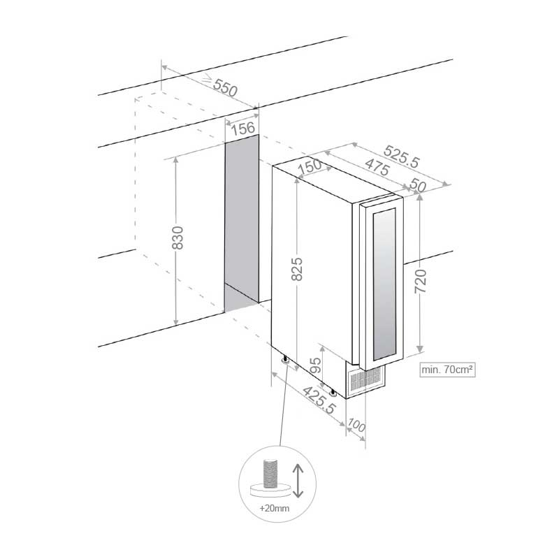 Racitor vinuri Pando PVZB 15-9 CRR, incorporabil, 7 rafturi din metal, 19 litri, capacitate 7 sticle, clasa A, termostat reglabil, iluminare interioara LED Blue, usa pe dreapta, sticla neagra [3]