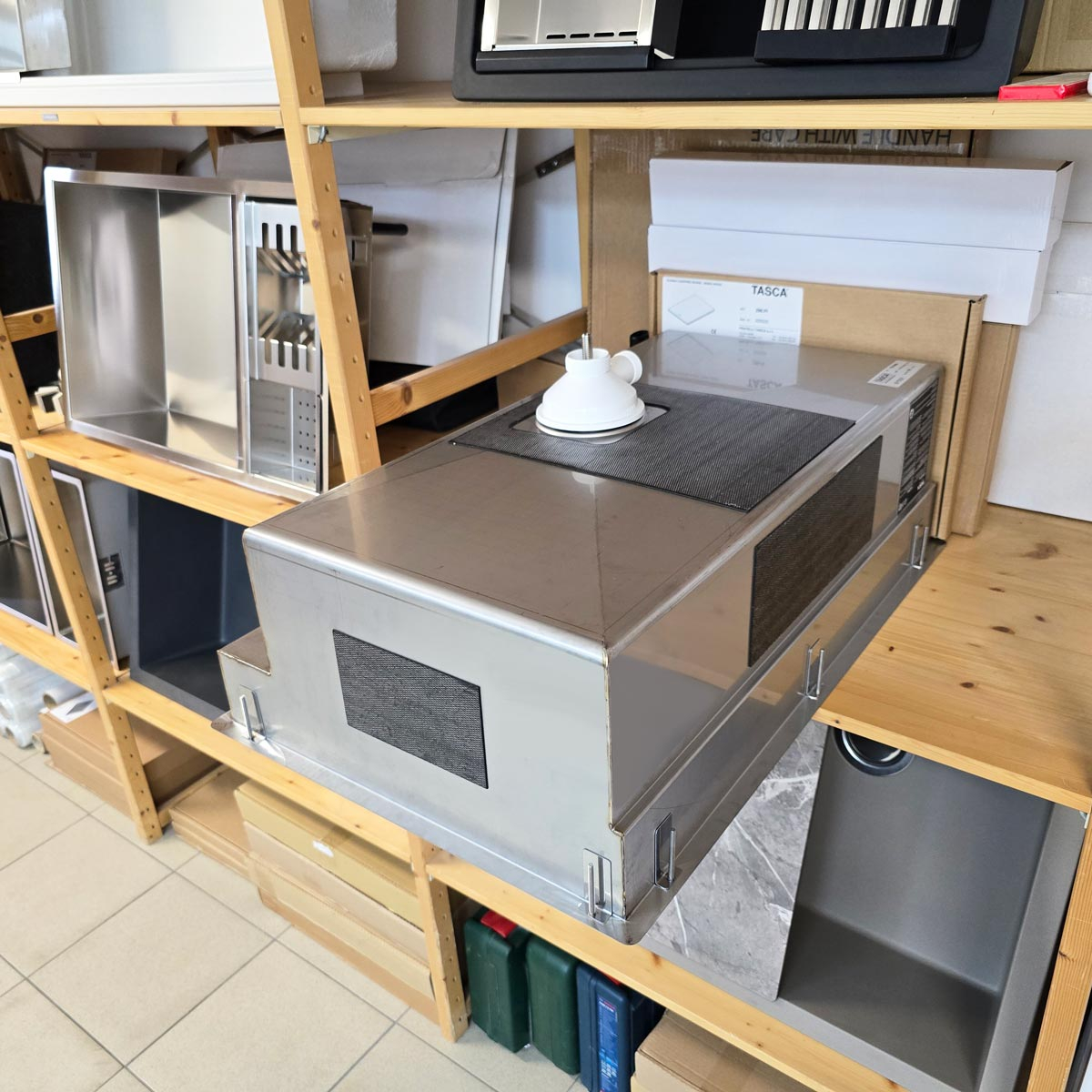 Set chiuveta bucatarie inox CookingAid TASCA PHANTOM BACK PT74 INVISIBLE cu baterie telescopica Tasca Nando si tocator lemn Iroko [29]