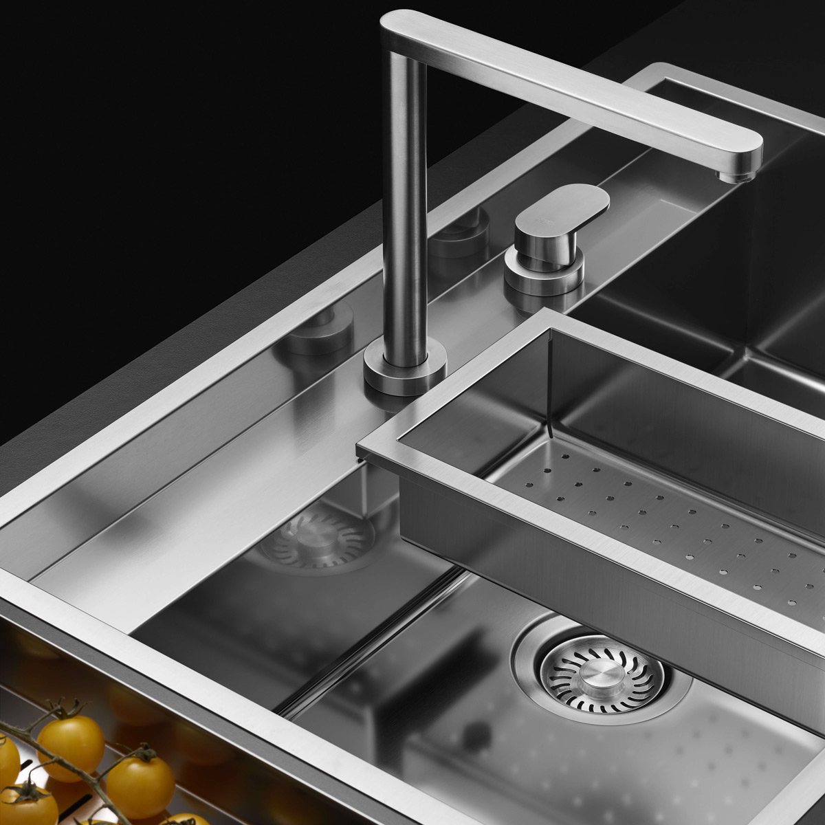 Set chiuveta bucatarie inox CookingAid TASCA PHANTOM BACK PT74 INVISIBLE cu baterie telescopica Tasca Nando si tocator lemn Iroko [4]