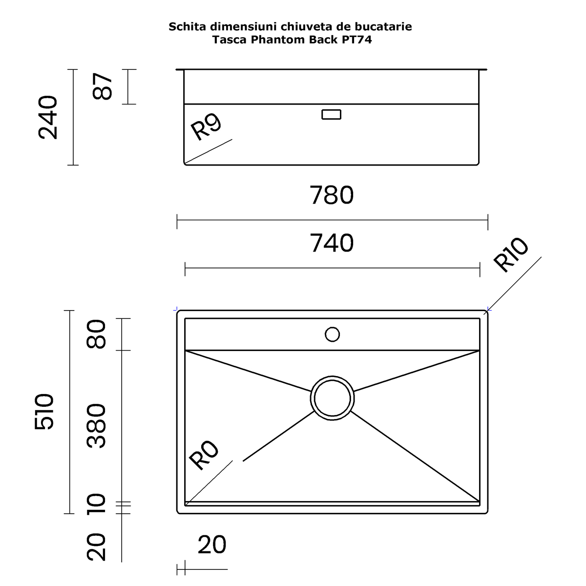 Set chiuveta bucatarie inox CookingAid TASCA PHANTOM BACK PT74 INVISIBLE cu baterie telescopica Tasca Nando si tocator lemn Iroko [35]