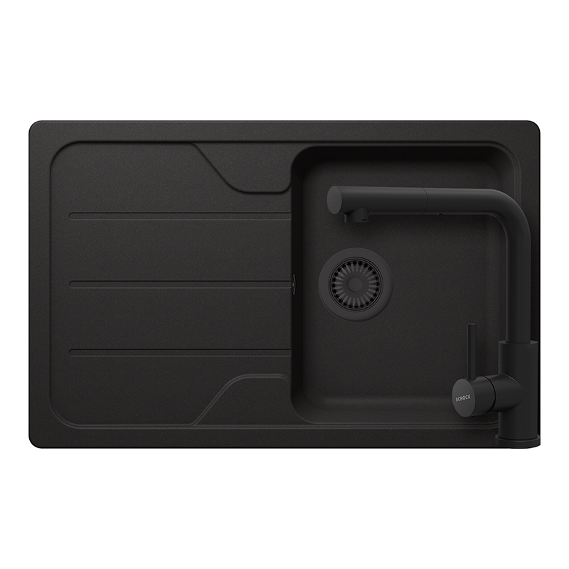 Set chiuveta bucatarie Schock Formhaus D-100S 780 x 500 mm Cristalite Nero cu parti vizibile negru si baterie bucatarie Schock Kantus cu cap extractibil, negru [1]