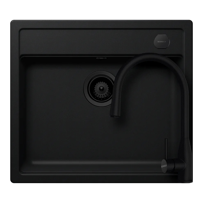 Set chiuveta bucatarie Schock Mono N-100 570 x 510 mm Cristadur Puro, negru intens cu parti vizibile si baterie bucatarie Schock Kavus cu cap extractibil Puro [1]