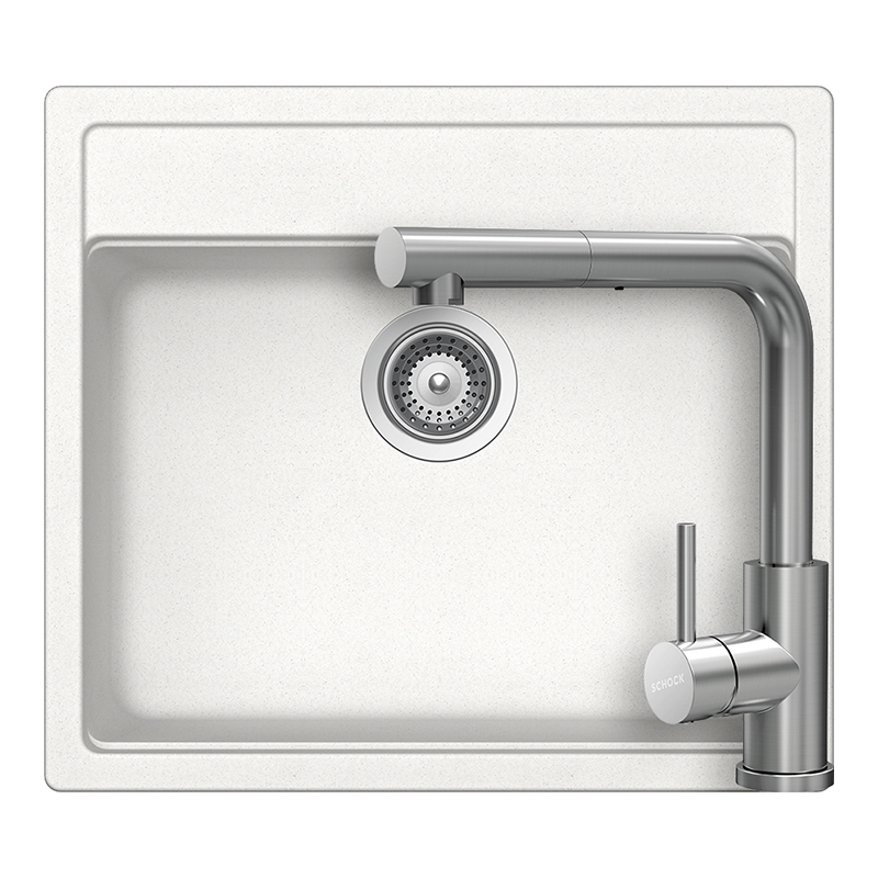 Set chiuveta bucatarie Schock Nemo N-100 570 x 510 mm Cristalite Alpina, alb si baterie bucatarie Schock Kantus cu cap extractibil, Inox Periat [1]