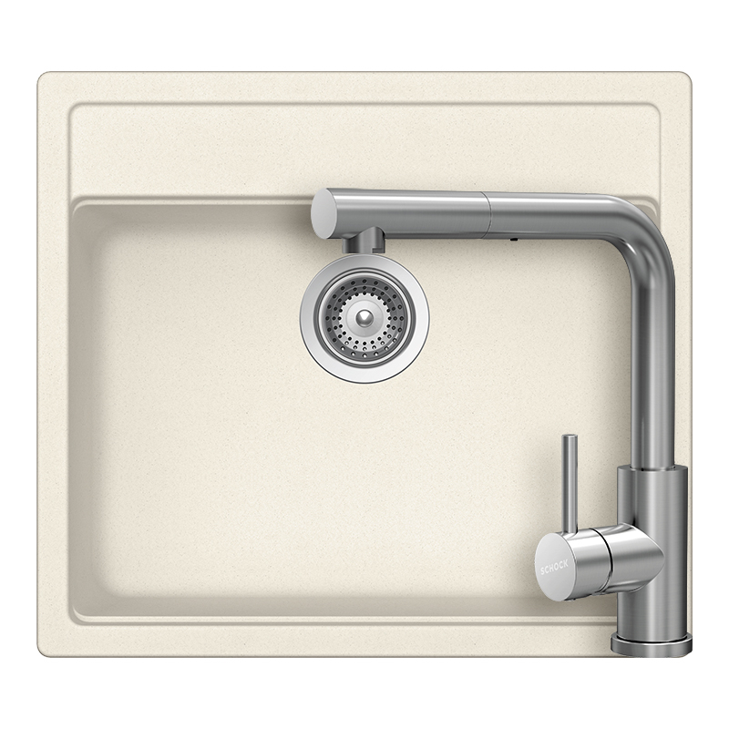 Set chiuveta bucatarie Schock Nemo N-100 570 x 510 mm Cristalite Vanilla, bej deschis si baterie bucatarie Schock Kantus cu cap extractibil, Inox Periat [1]