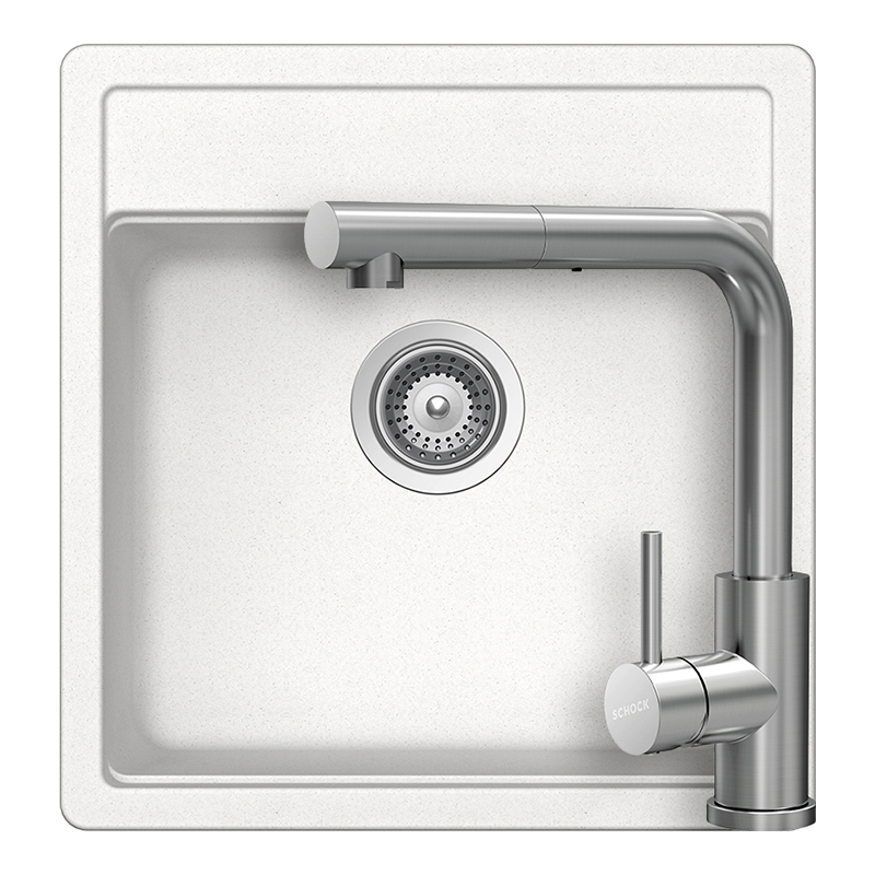 Set chiuveta bucatarie Schock Nemo N-100S 490 x 510 mm Cristalite Alpina, alb si baterie bucatarie Schock Kantus cu cap extractibil, Inox Periat [1]