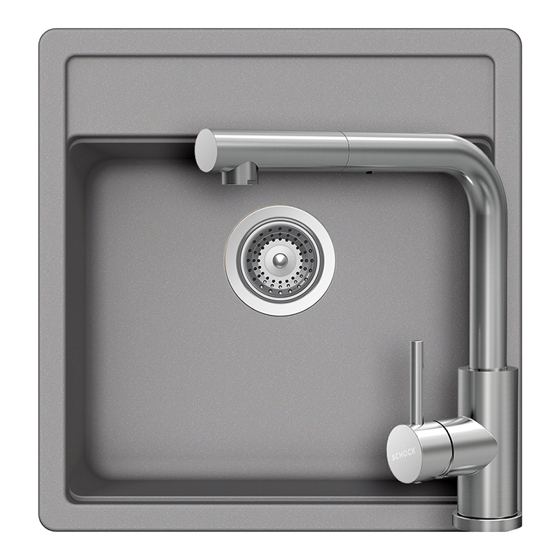 Set chiuveta bucatarie Schock Nemo N-100S 490 x 510 mm Cristalite Croma, gri si baterie bucatarie Schock Kantus cu cap extractibil, Inox Periat [1]