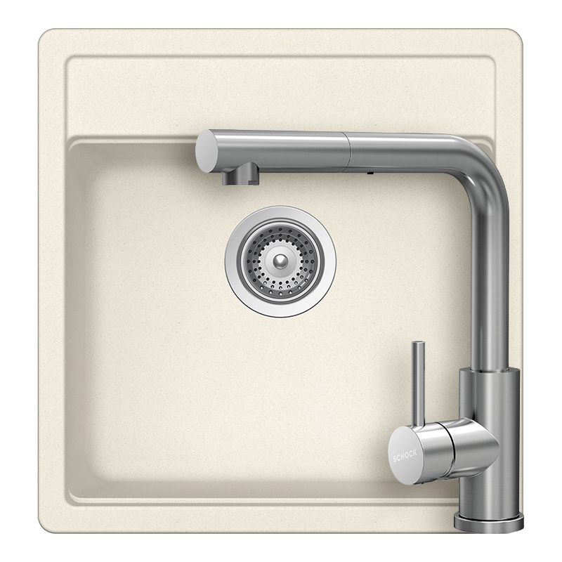 Set chiuveta bucatarie Schock Nemo N-100S 490 x 510 mm Cristalite Vanilla, bej deschis si baterie bucatarie Schock Kantus cu cap extractibil, Inox Periat [1]